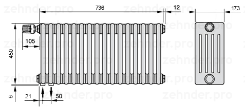 Схема (чертеж) Радиатор Zehnder Charleston 5045/16 №V001 Белый глянцевый RAL 9016